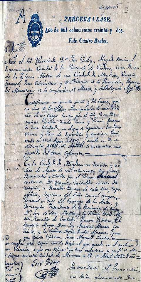 Acta de nacimiento certificada en 1832 de Mercedes Tomasa San Martin y Escalada