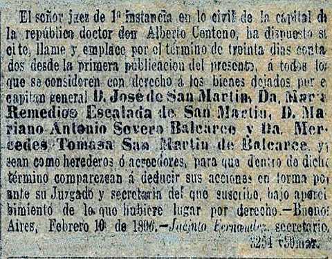 Diario Argentino: edicto de la sucesión de José de San Martin, Remedios Escalada, Mariano Balcarce y Mercedes Tomasa San Martin