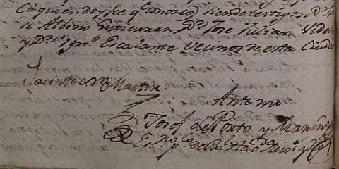 Firma de Jacinto de San Martin, hijo de Juan de San Martín y María Theresa Olibares, casado con Juana Riberos, vecinos de la ciudad de Mendoza