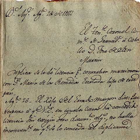 Jose de San Martin pide en matrimonio a Maria de los Remedios Escalada el 26 de agosto de 1812