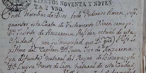 Jacinto de Anzorena emite su testamento el 27 de octubre de 1791 en la ciudad de Mendoza, fue tio de Trinidad Alvarez